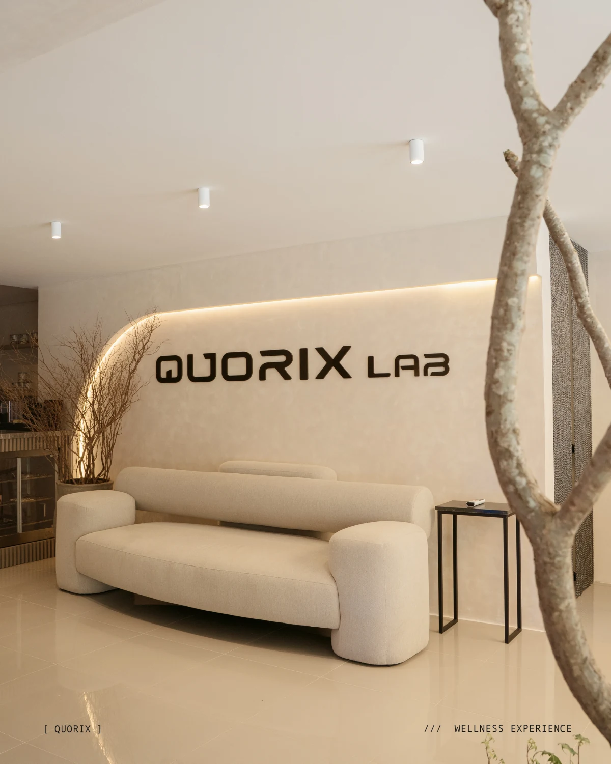 Ambiente de acolhimento da Quorix Lab, com sofá e a identidade da marca